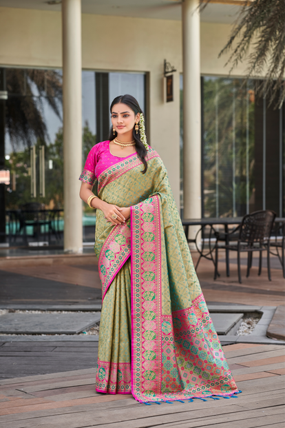 Pista Green Meenakari Kanjivaram Silk Saree with Pink Border