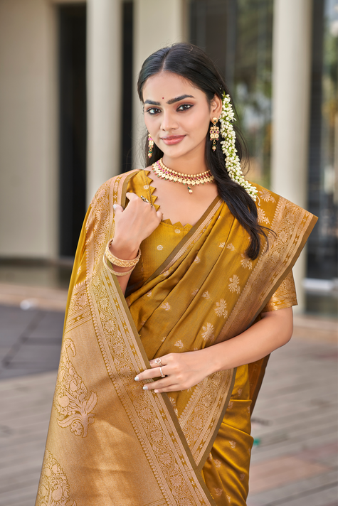 Mustard Gold Banarasi Monochrome Silk Saree with Paisley Zari Border