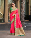 Red Banarasi Jacquard Silk Saree with Green Floral Border