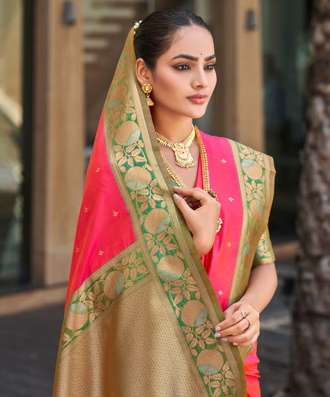 Red Banarasi Jacquard Silk Saree with Green Floral Border