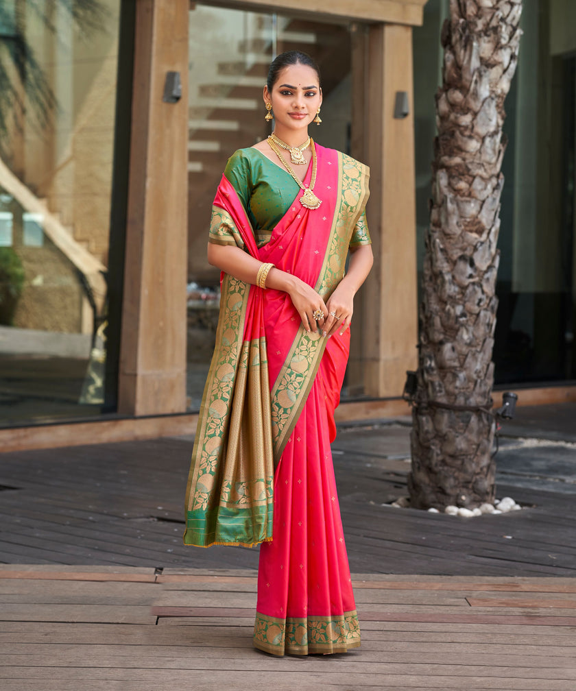 Red Banarasi Jacquard Silk Saree with Green Floral Border