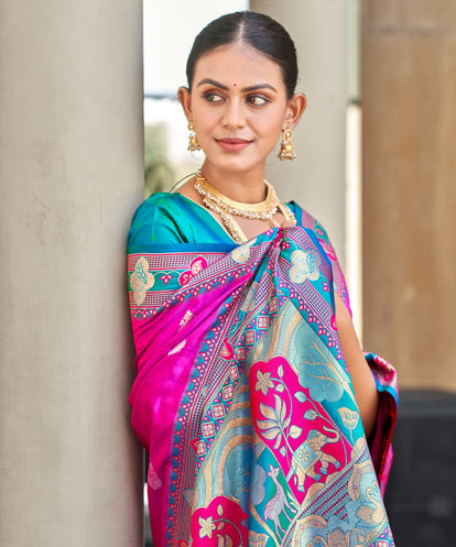 Magenta Pink Banarasi-Paithani Silk Saree with Turquoise Border