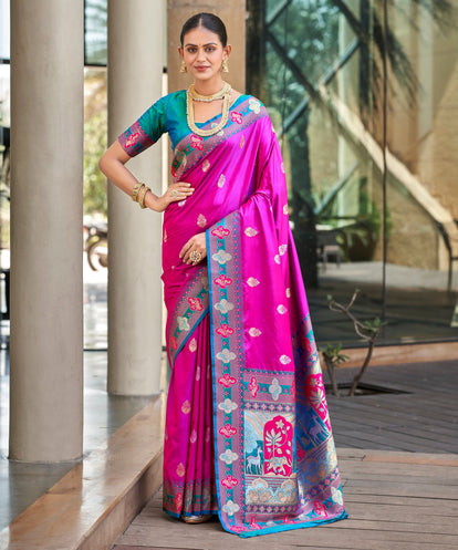 Magenta Pink Banarasi-Paithani Silk Saree with Turquoise Border