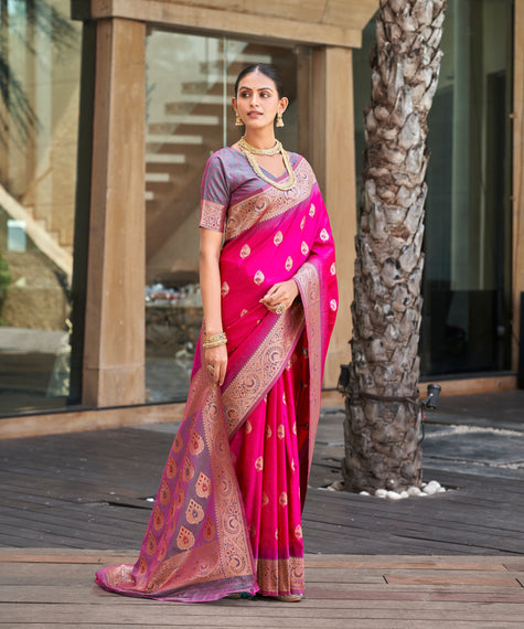 Rani Pink Banarasi Paisley Silk Saree With Lavender Border