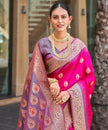 Rani Pink Banarasi Paisley Silk Saree With Lavender Border