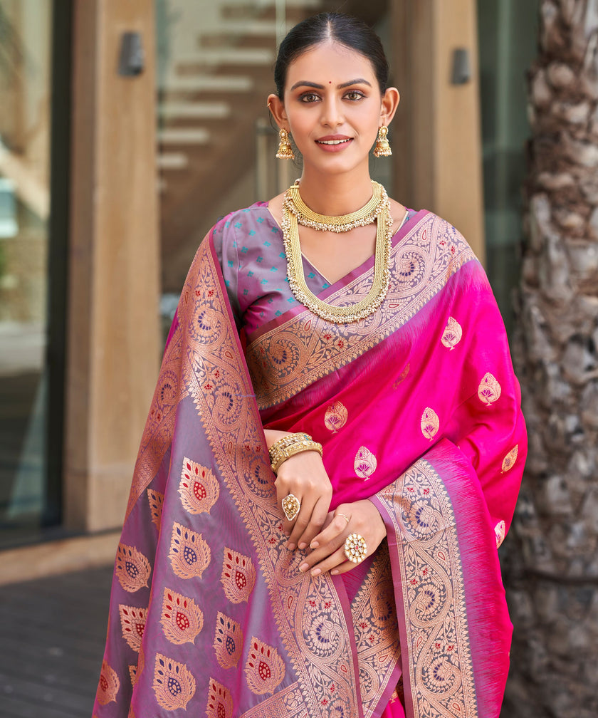 Rani Pink Banarasi Paisley Silk Saree With Lavender Border