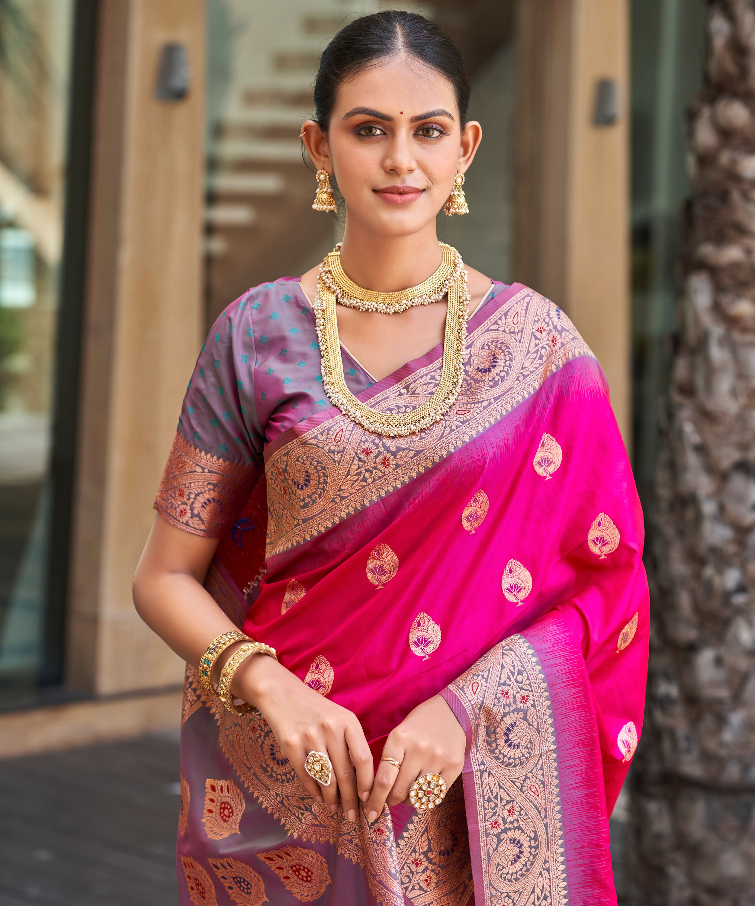 Rani Pink Banarasi Paisley Silk Saree With Lavender Border