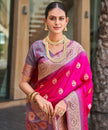 Rani Pink Banarasi Paisley Silk Saree With Lavender Border
