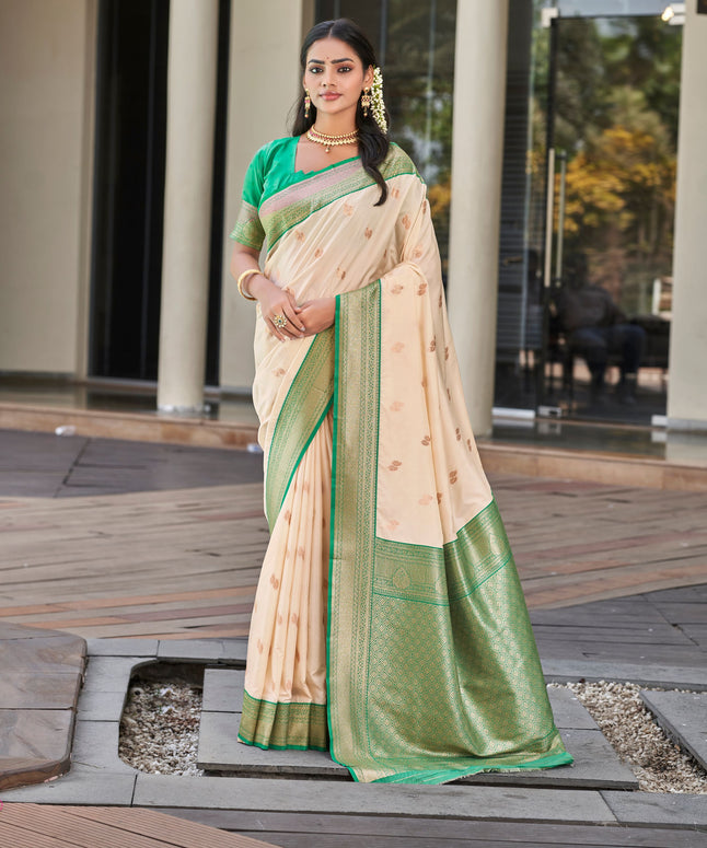 Cream Green Banarasi Soft Silk Saree with Zari Border