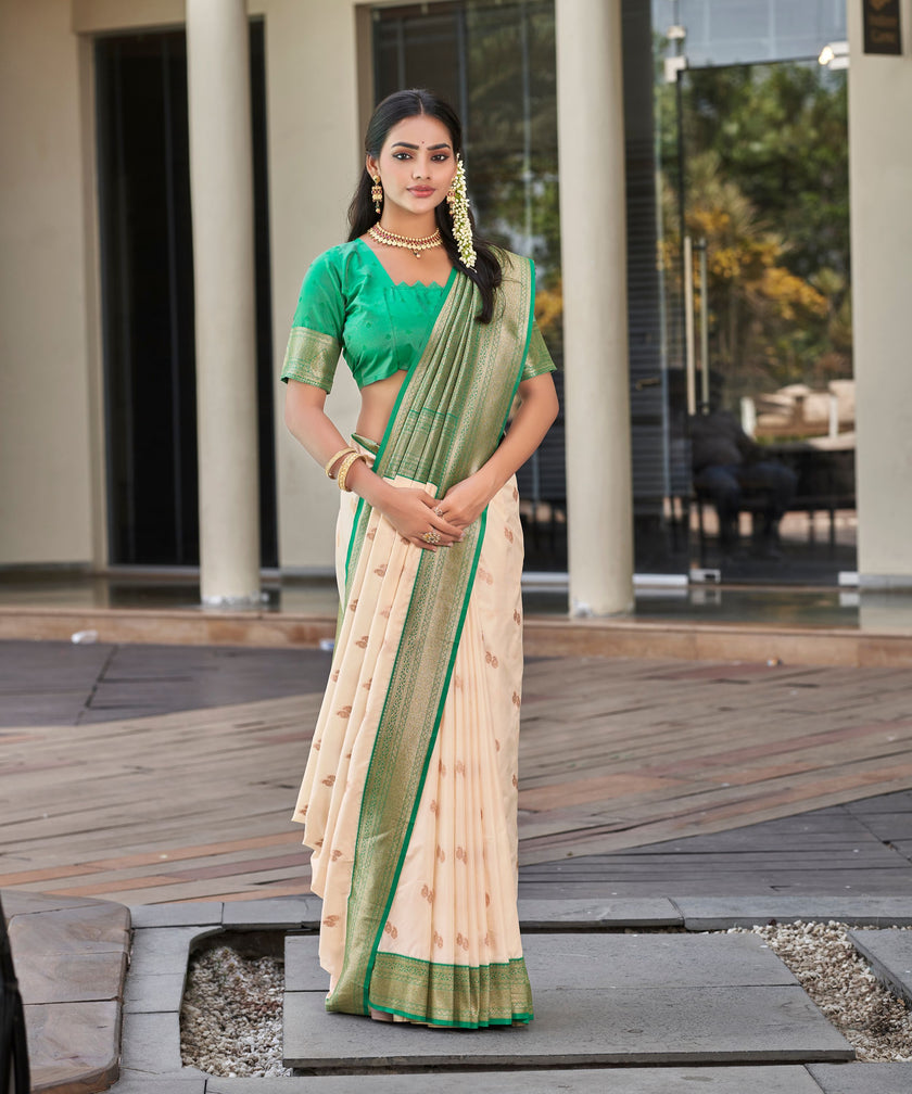 Cream Green Banarasi Soft Silk Saree with Zari Border