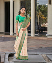Cream Green Banarasi Soft Silk Saree with Zari Border