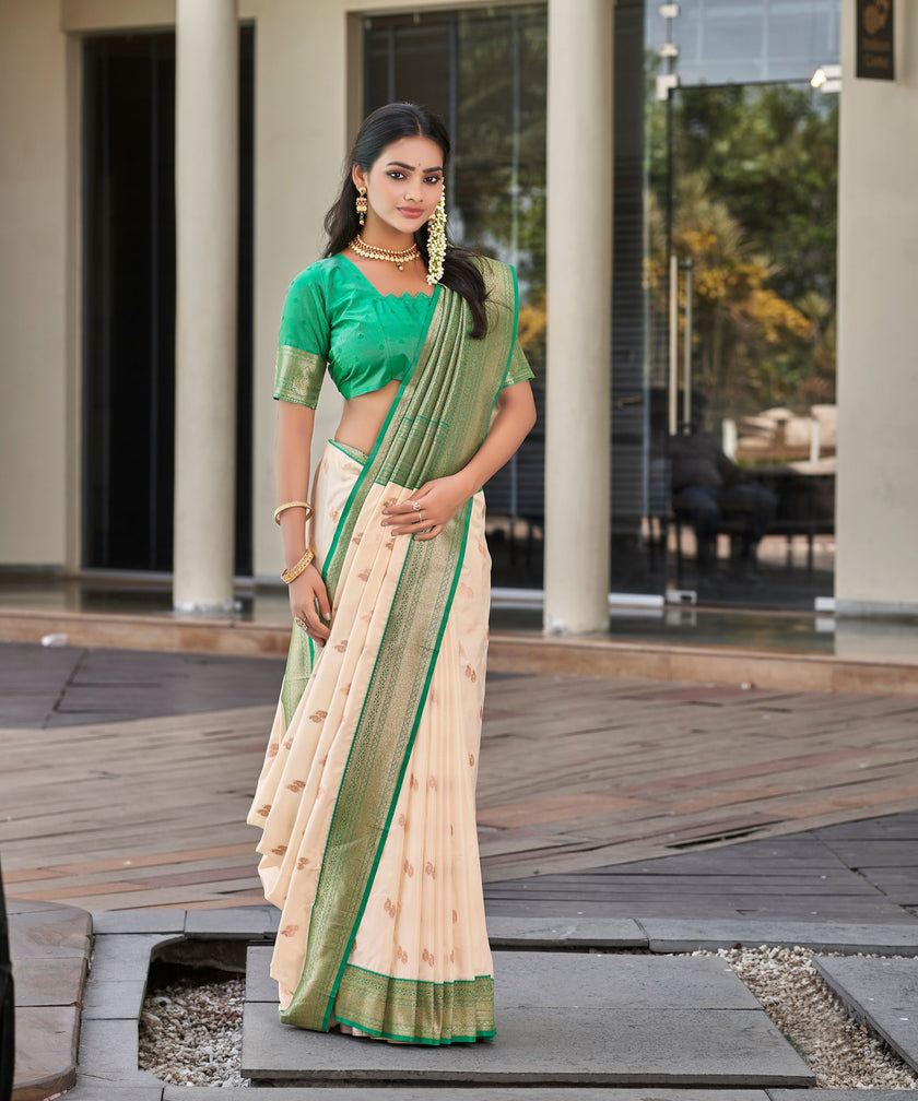 Cream Green Banarasi Soft Silk Saree with Zari Border