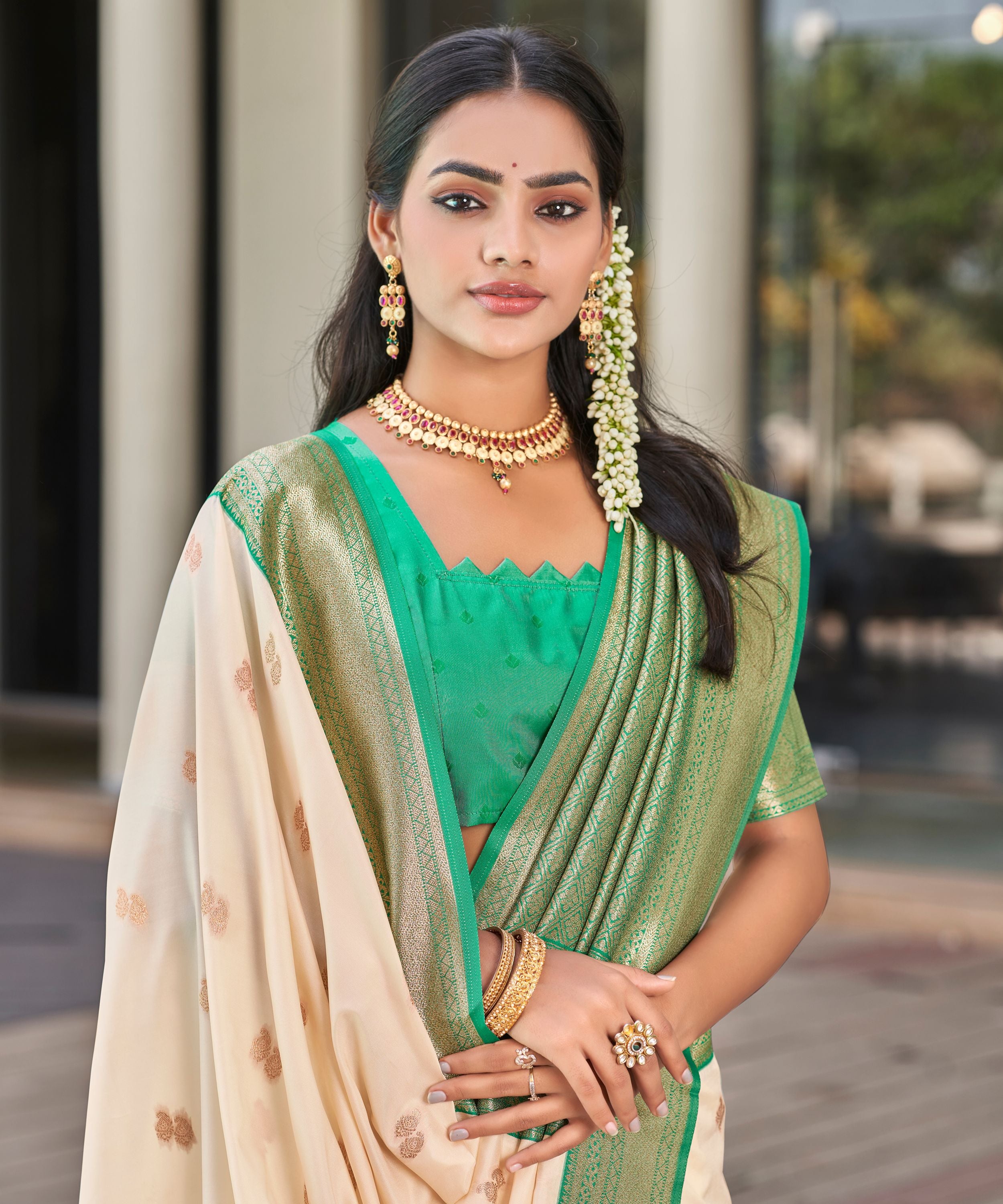 Cream Green Banarasi Soft Silk Saree with Zari Border