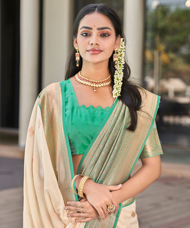 Cream Green Banarasi Soft Silk Saree with Zari Border