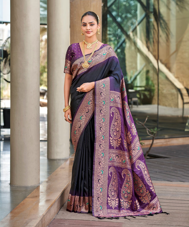 Black Banarasi Silk Saree with Paisley Purple Border