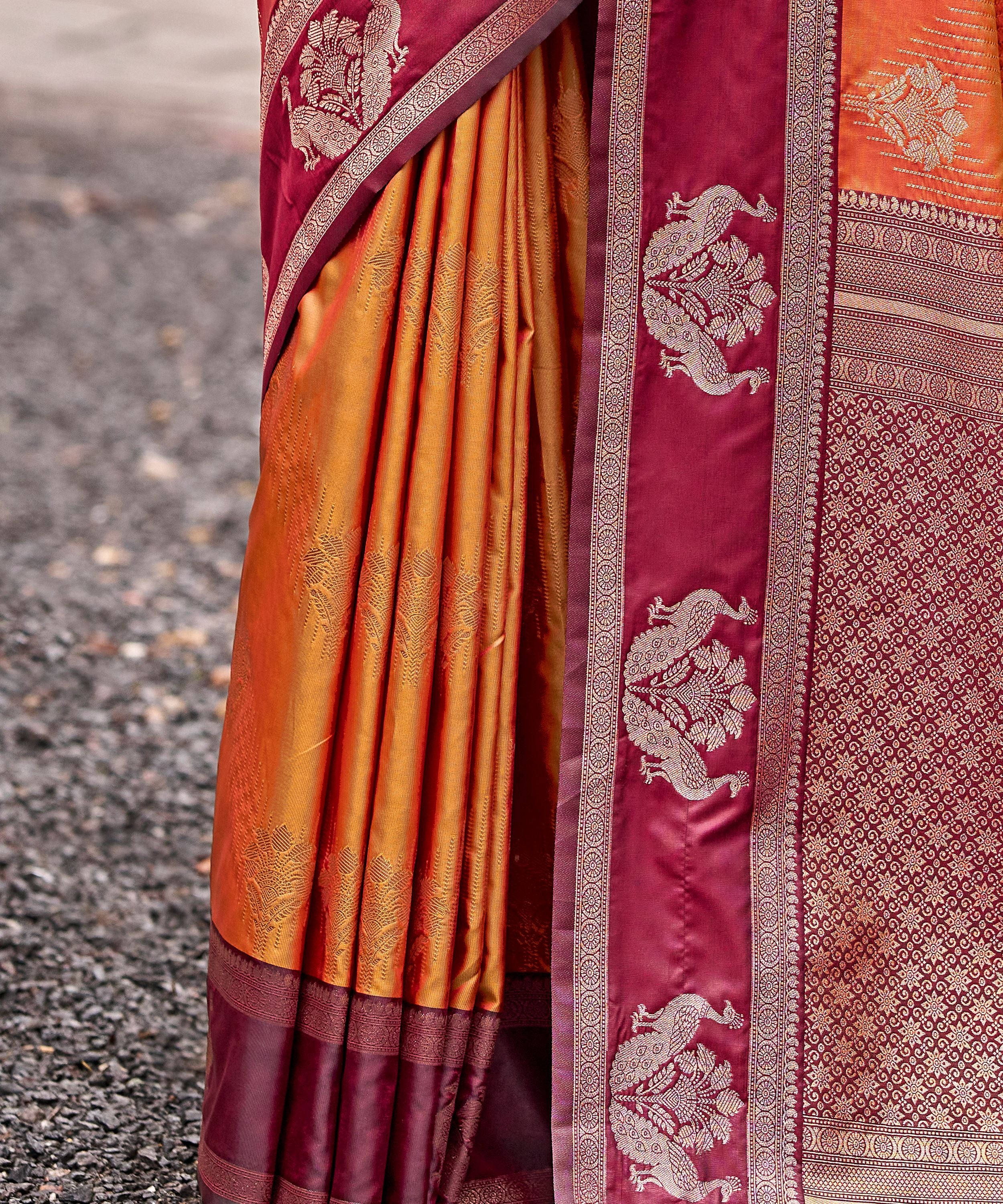 Orange Banarasi Silk Saree with Maroon Floral Border