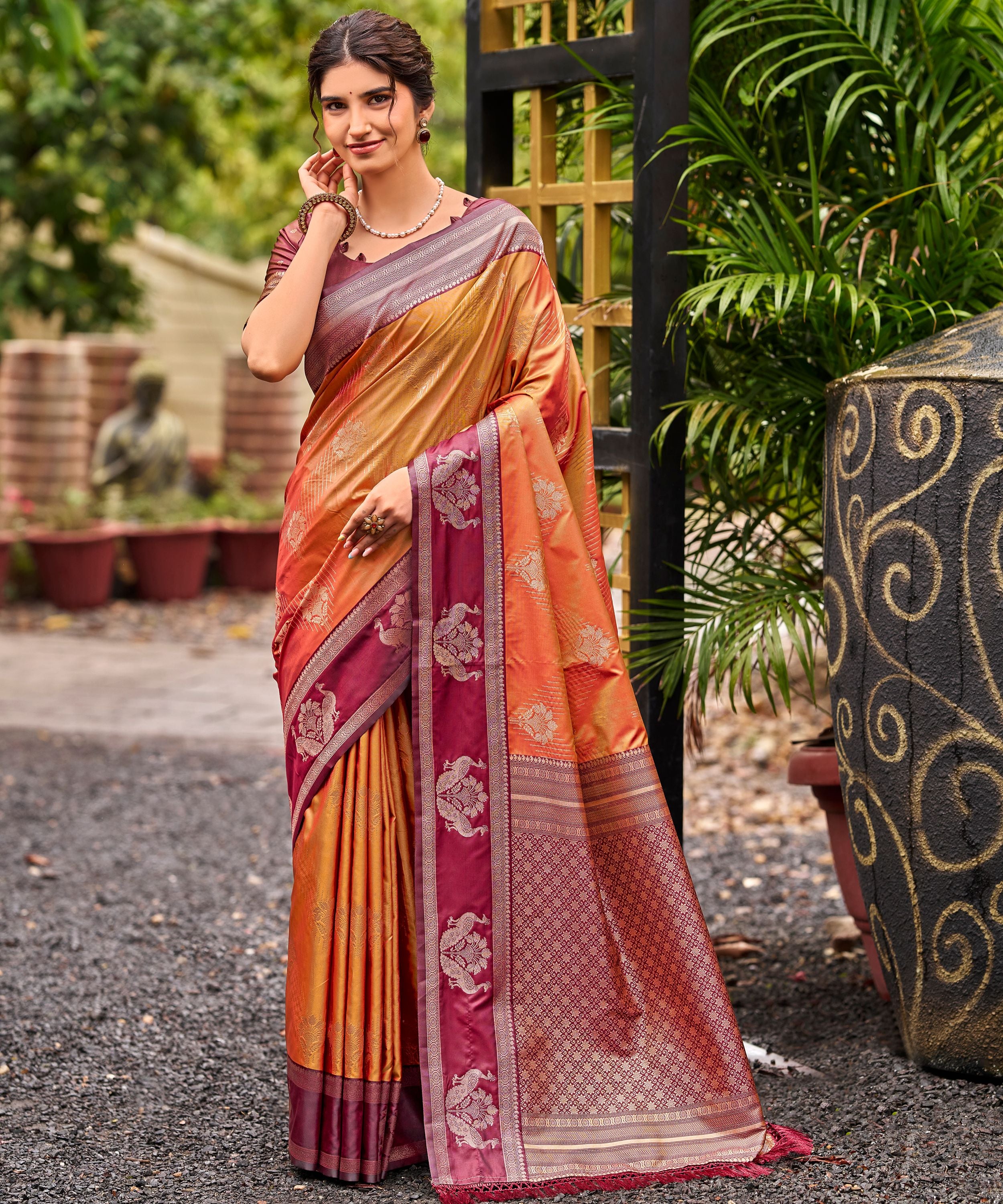 Orange Banarasi Silk Saree with Maroon Floral Border