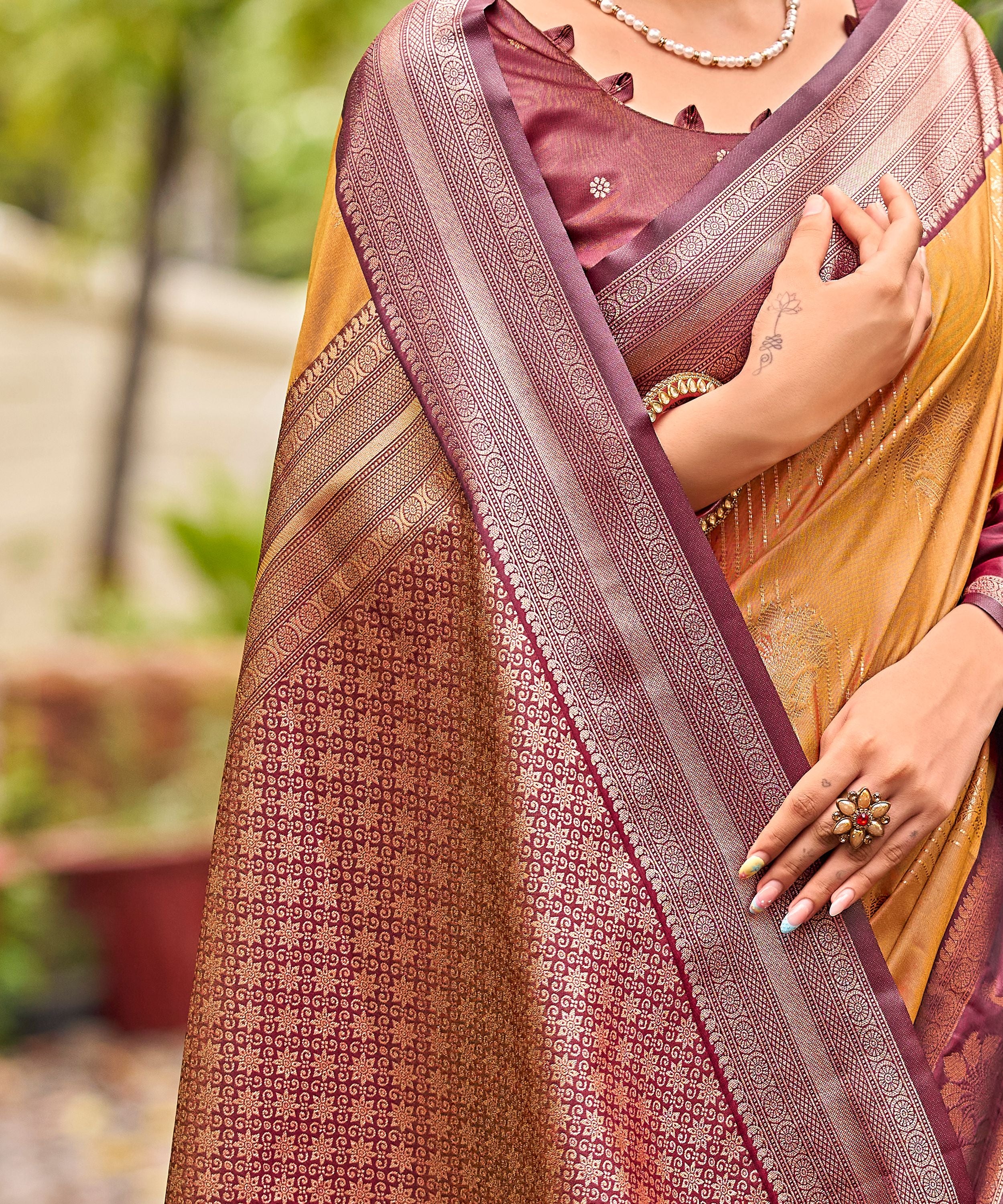 Orange Banarasi Silk Saree with Maroon Floral Border