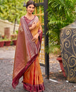 Orange Banarasi Silk Saree with Maroon Floral Border