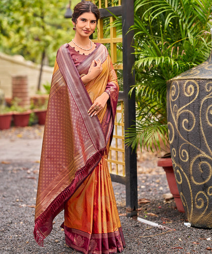 Orange Banarasi Silk Saree with Maroon Floral Border
