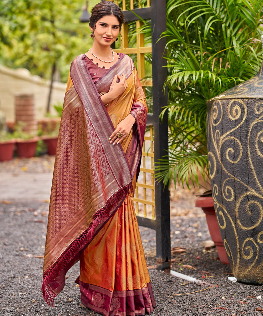 Orange Banarasi Silk Saree with Maroon Floral Border