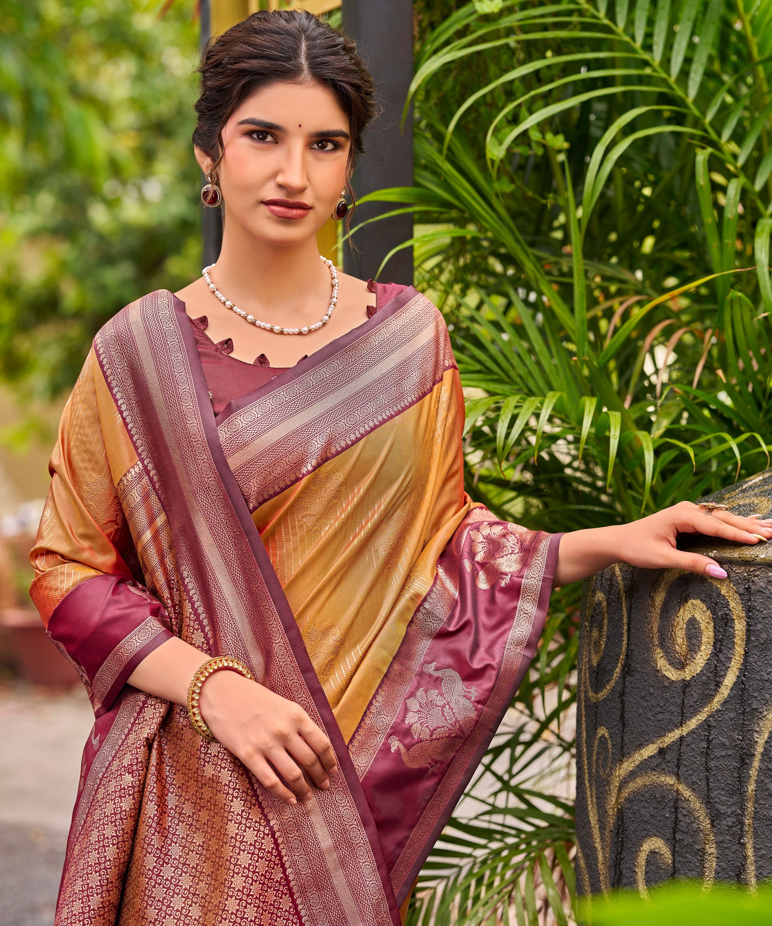Orange Banarasi Silk Saree with Maroon Floral Border