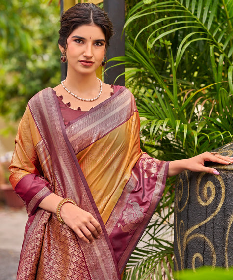 Orange Banarasi Silk Saree with Maroon Floral Border