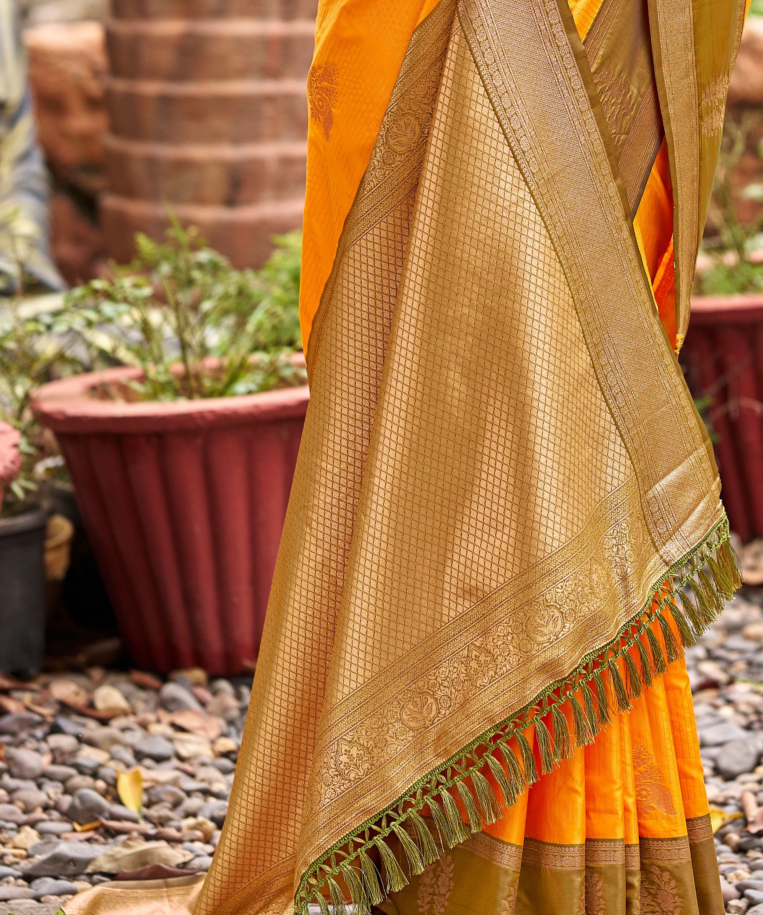 Orange Banarasi Soft Silk Saree with Olive Green Border