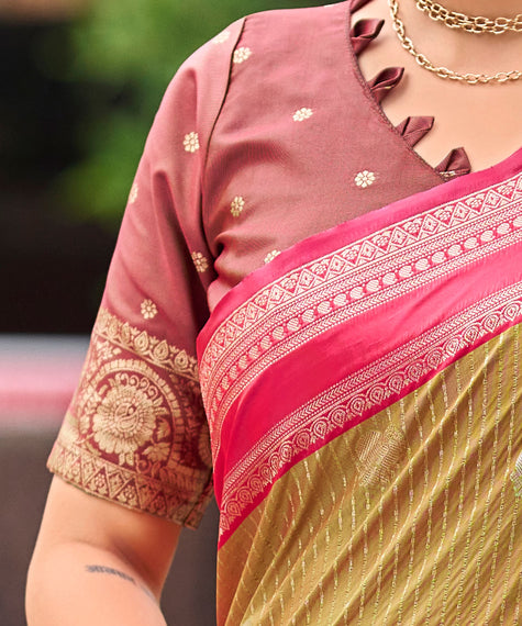Orange Banarasi Paithani Silk Saree with Rani Pink Border