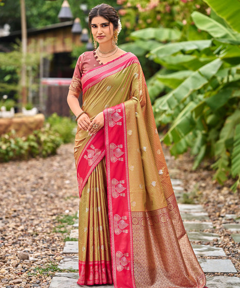 Orange Banarasi Paithani Silk Saree with Rani Pink Border