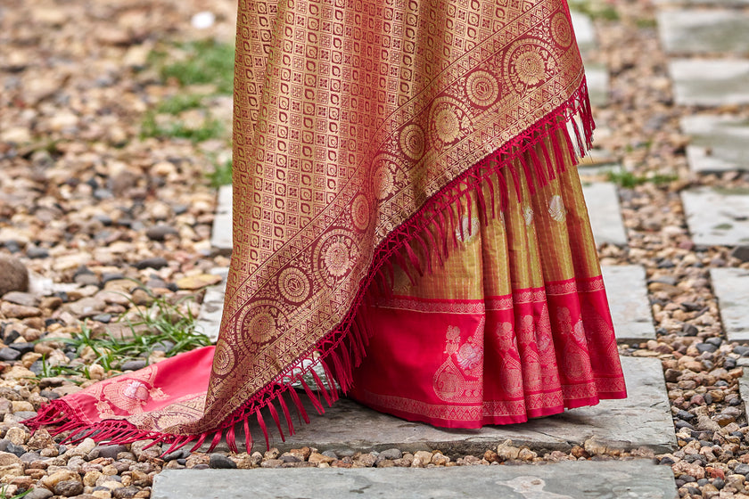 Orange Banarasi Paithani Silk Saree with Rani Pink Border
