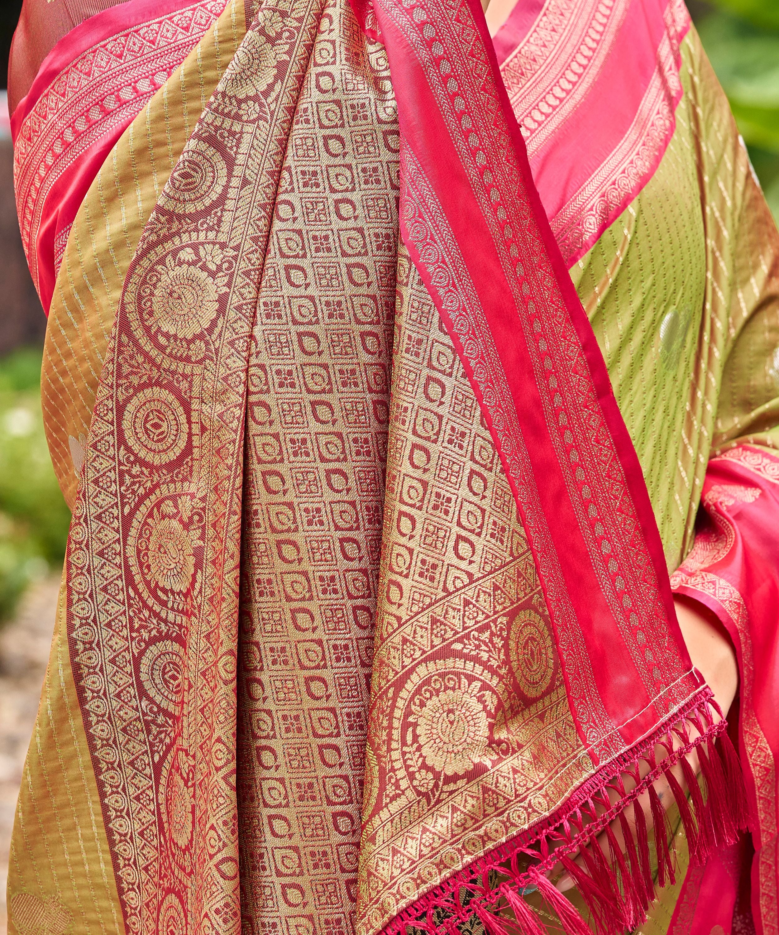 Orange Banarasi Paithani Silk Saree with Rani Pink Border