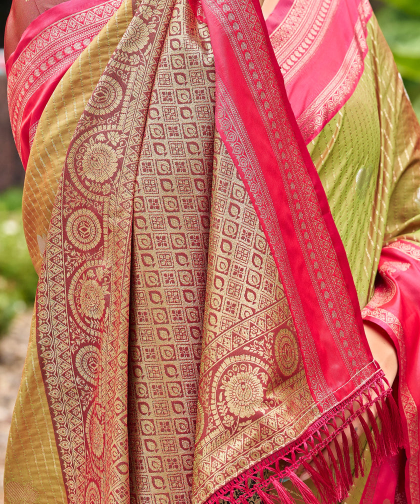 Orange Banarasi Paithani Silk Saree with Rani Pink Border