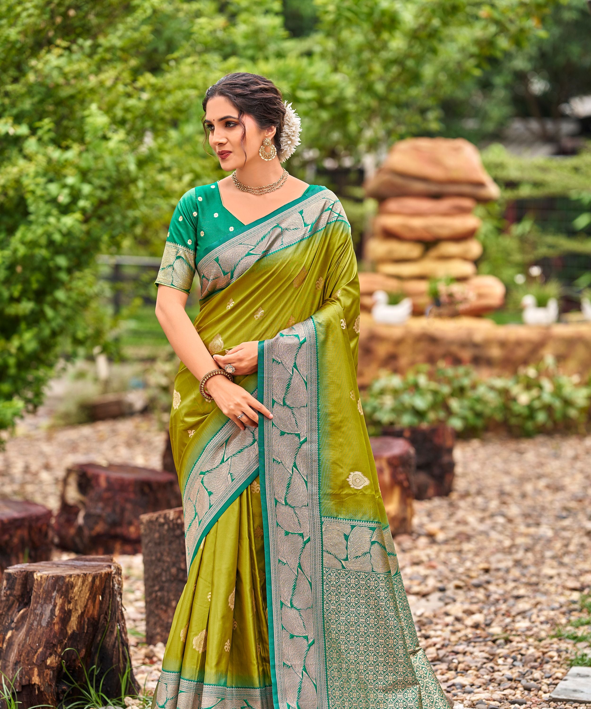 Olive Green Banarasi Soft Silk Saree with Silver Teal Border