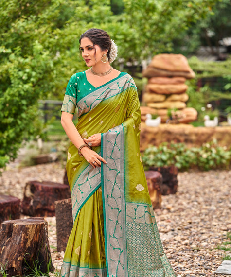 Olive Green Banarasi Soft Silk Saree with Silver Teal Border
