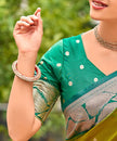 Olive Green Banarasi Soft Silk Saree with Silver Teal Border