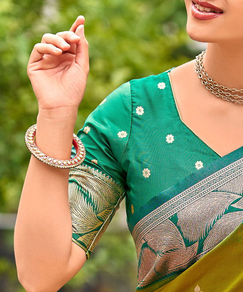 Olive Green Banarasi Soft Silk Saree with Silver Teal Border