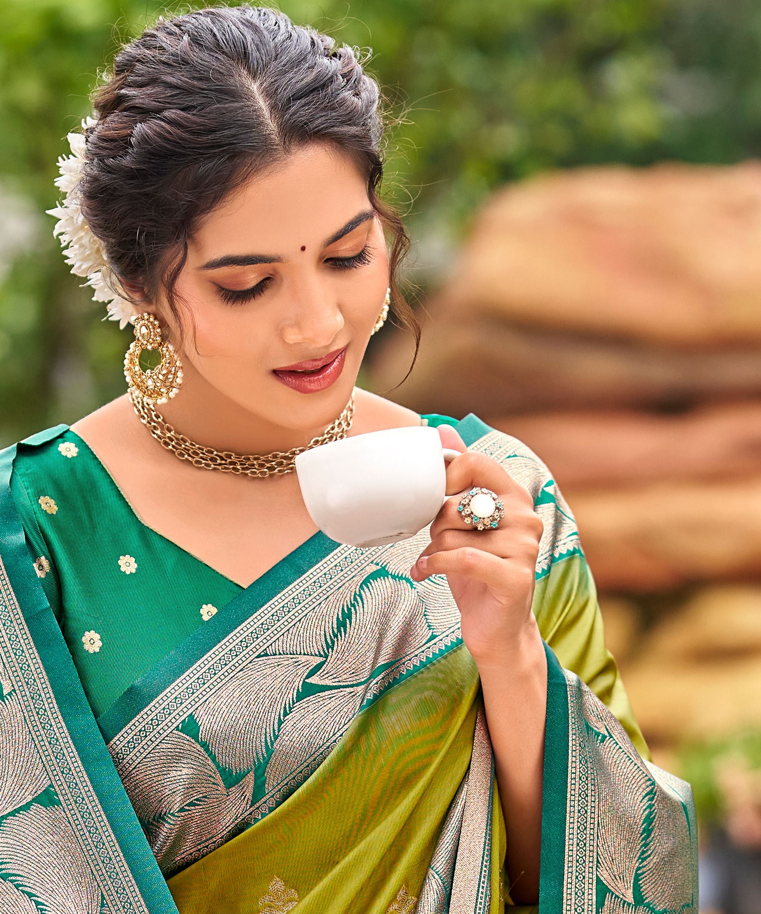 Olive Green Banarasi Soft Silk Saree with Silver Teal Border