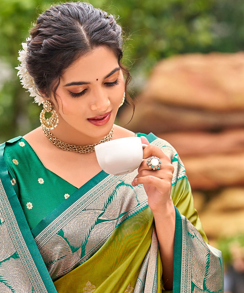 Olive Green Banarasi Soft Silk Saree with Silver Teal Border