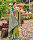 Olive Green Banarasi Soft Silk Saree with Silver Teal Border