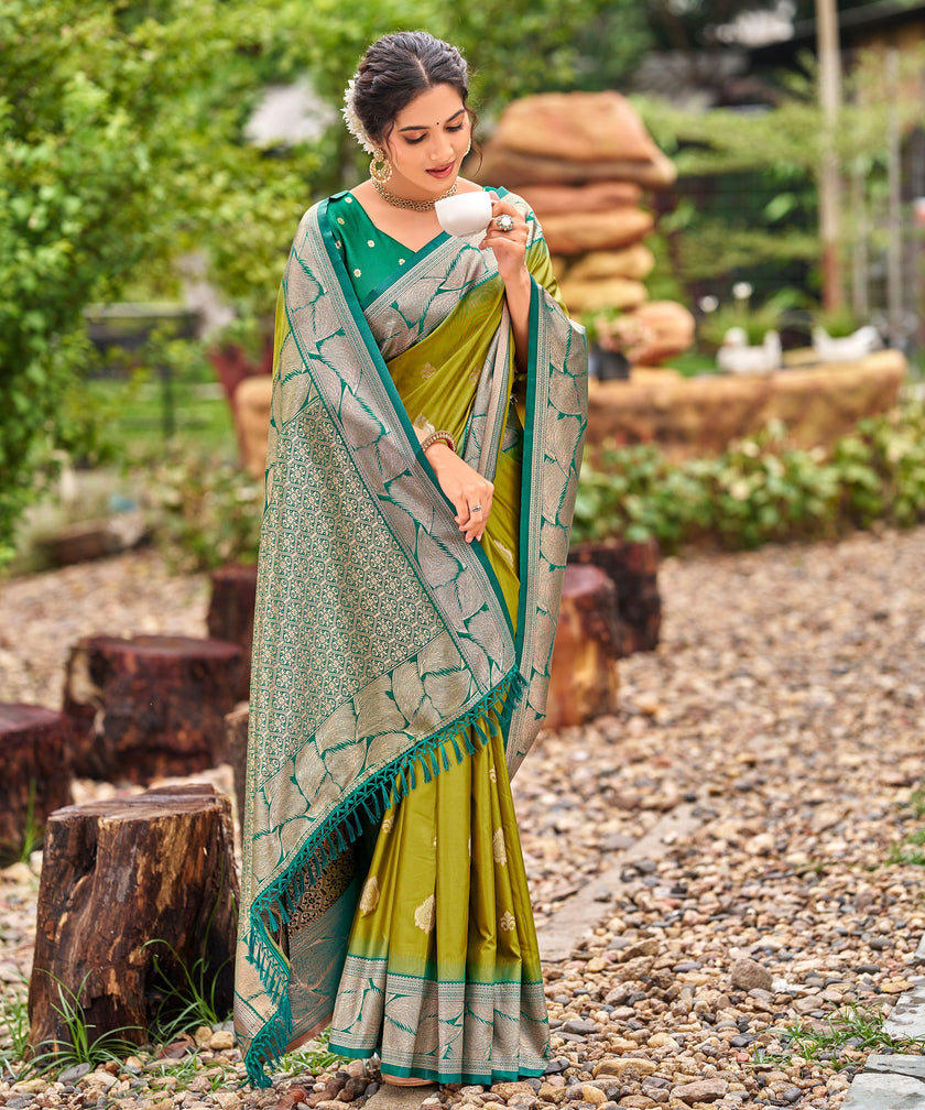 Olive Green Banarasi Soft Silk Saree with Silver Teal Border
