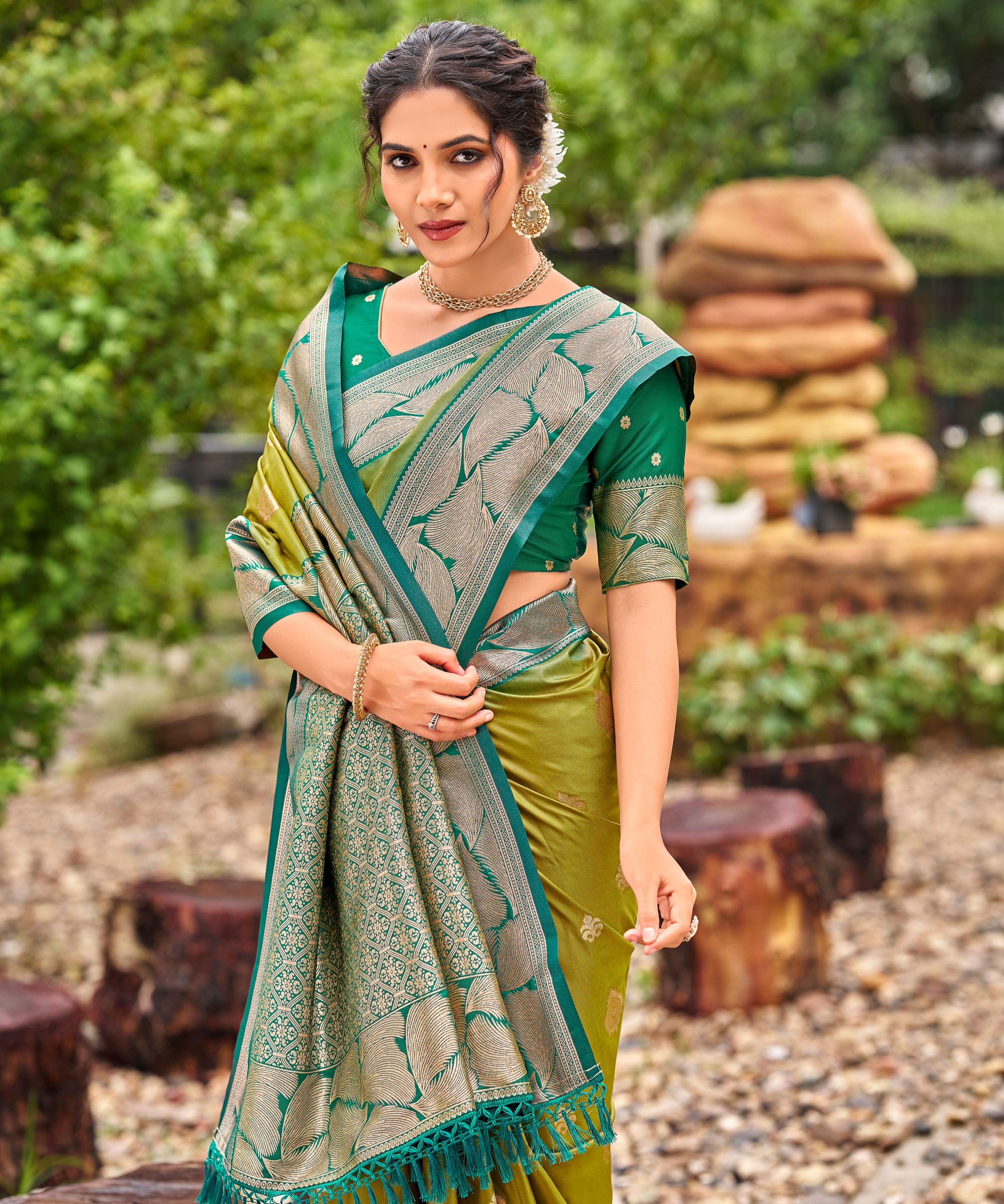 Olive Green Banarasi Soft Silk Saree with Silver Teal Border