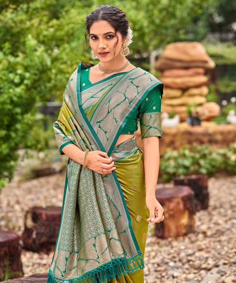 Olive Green Banarasi Soft Silk Saree with Silver Teal Border
