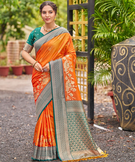Orange Banarasi Soft Silk Saree with Teal Silver Jaal Border