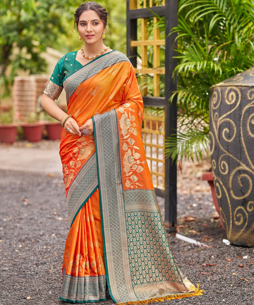 Orange Banarasi Soft Silk Saree with Teal Silver Jaal Border