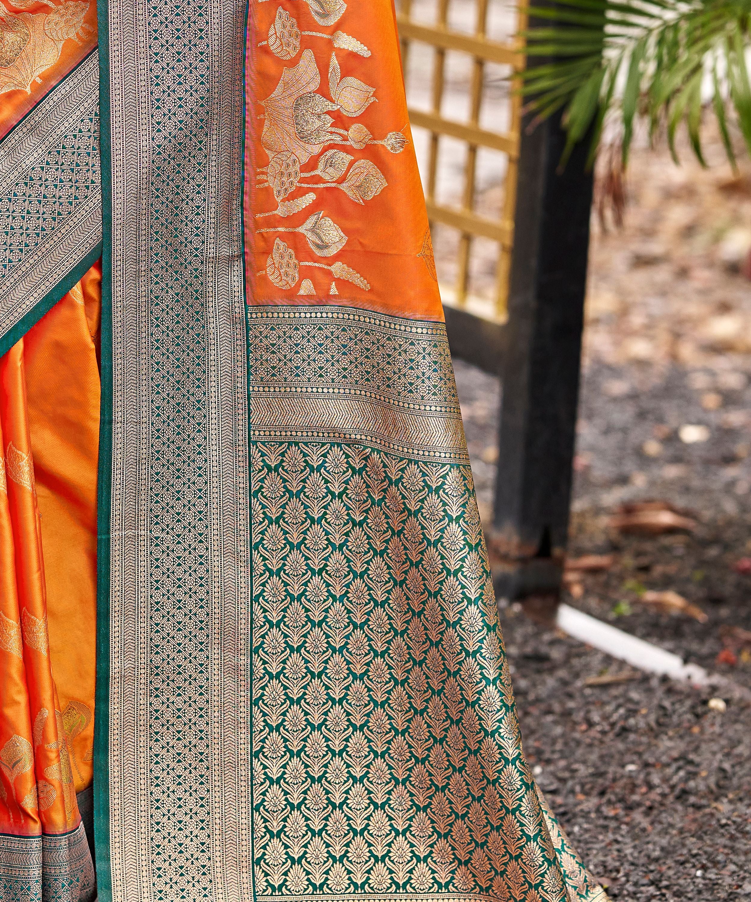 Orange Banarasi Soft Silk Saree with Teal Silver Jaal Border