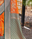 Orange Banarasi Soft Silk Saree with Teal Silver Jaal Border
