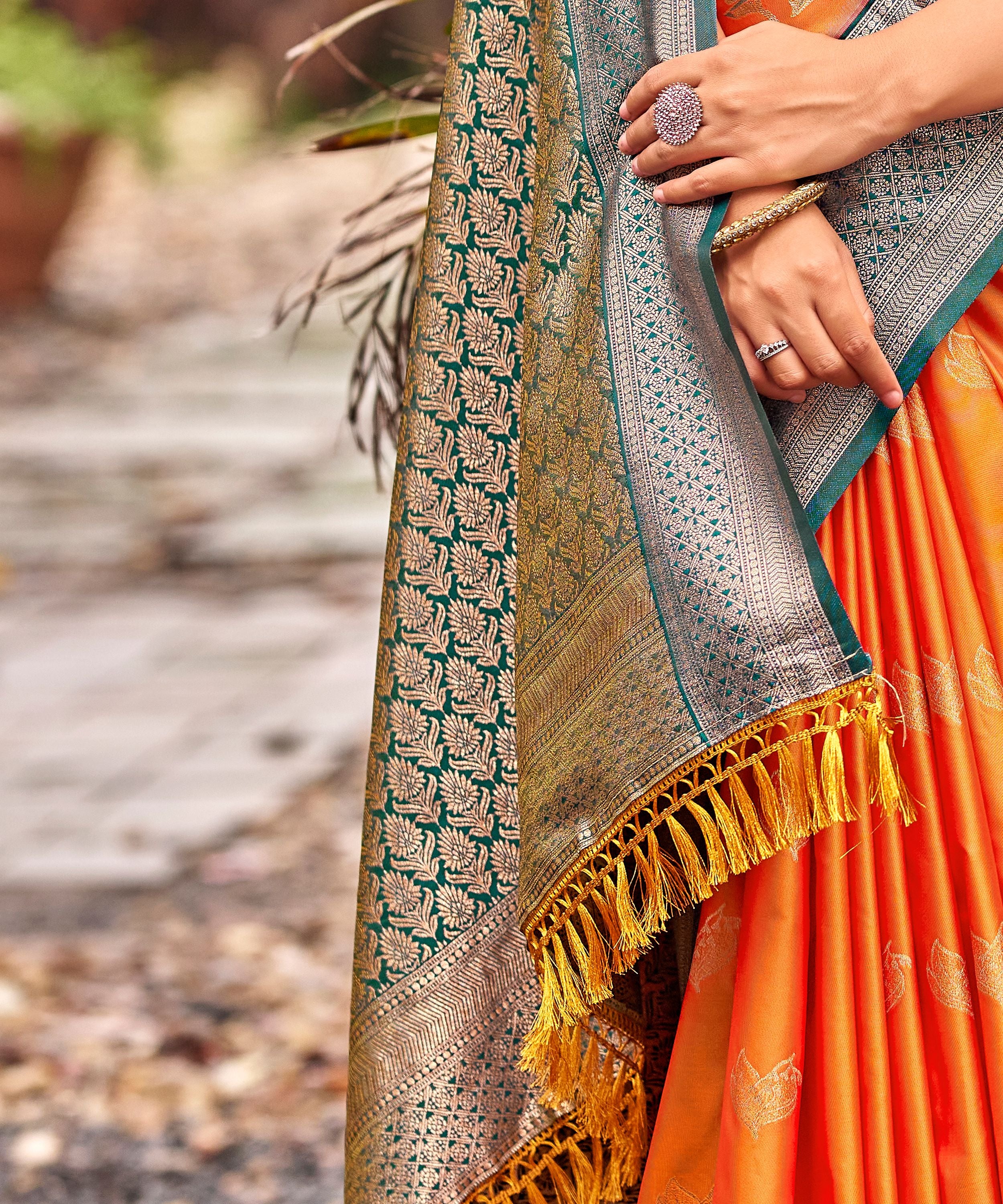 Orange Banarasi Soft Silk Saree with Teal Silver Jaal Border