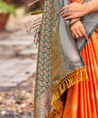 Orange Banarasi Soft Silk Saree with Teal Silver Jaal Border