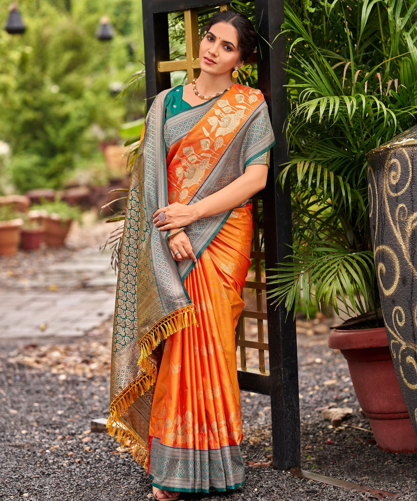 Orange Banarasi Soft Silk Saree with Teal Silver Jaal Border